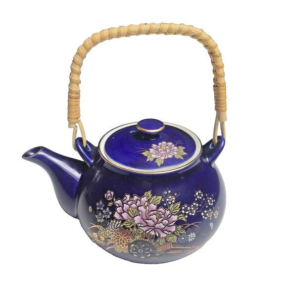 Vintage KUTANI JAPANESE TEA SET Cobalt Blue Porcelain Flower Cart Gold Leaf Trim - Picture 2 of 15